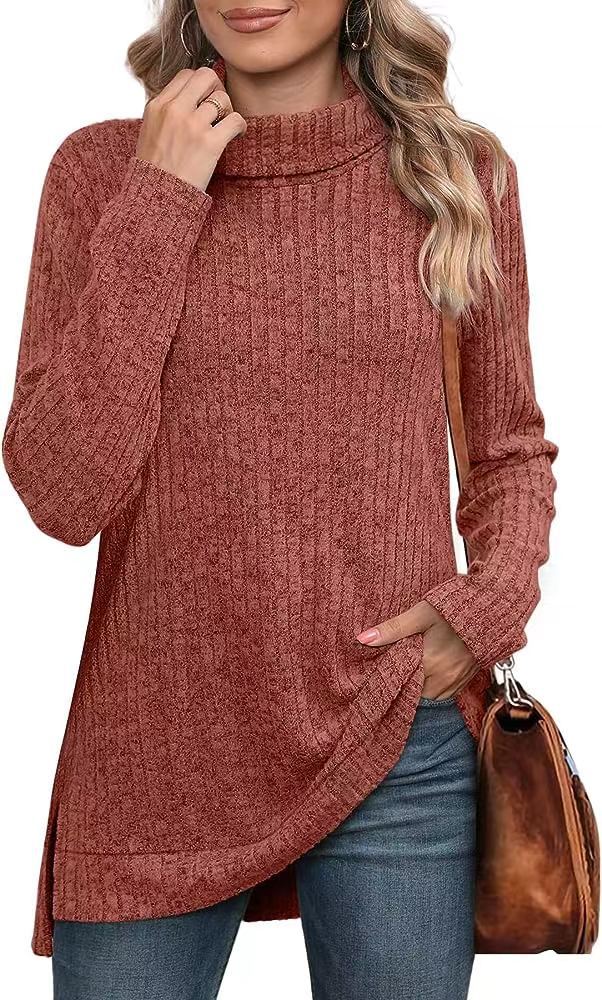 Women’s Turtleneck Sweater – Ribbed Knit – Relaxed Fit – Long Sleeve – Asymmetrical Hem