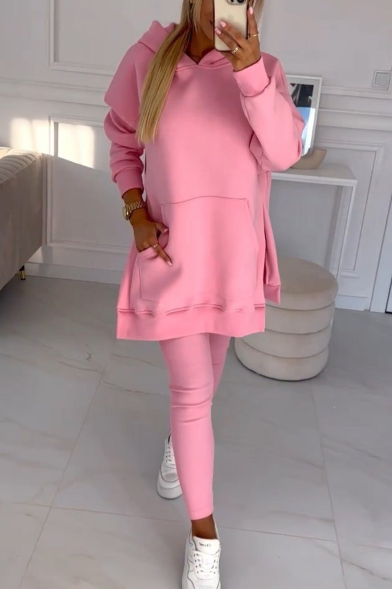 Women's mid-length slit hoodie sweatshirt and leggings set