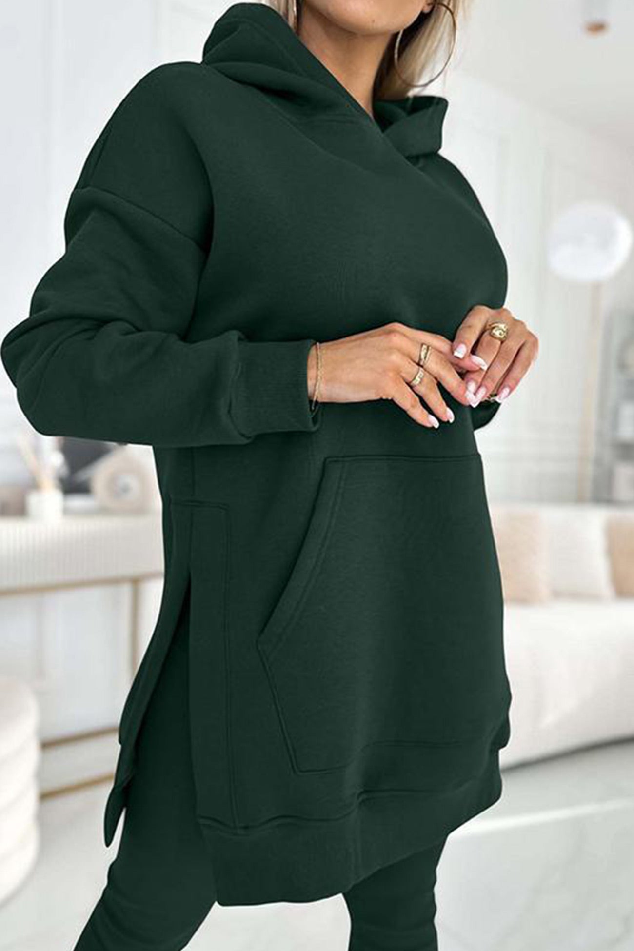 Women's mid-length slit hoodie sweatshirt and leggings set