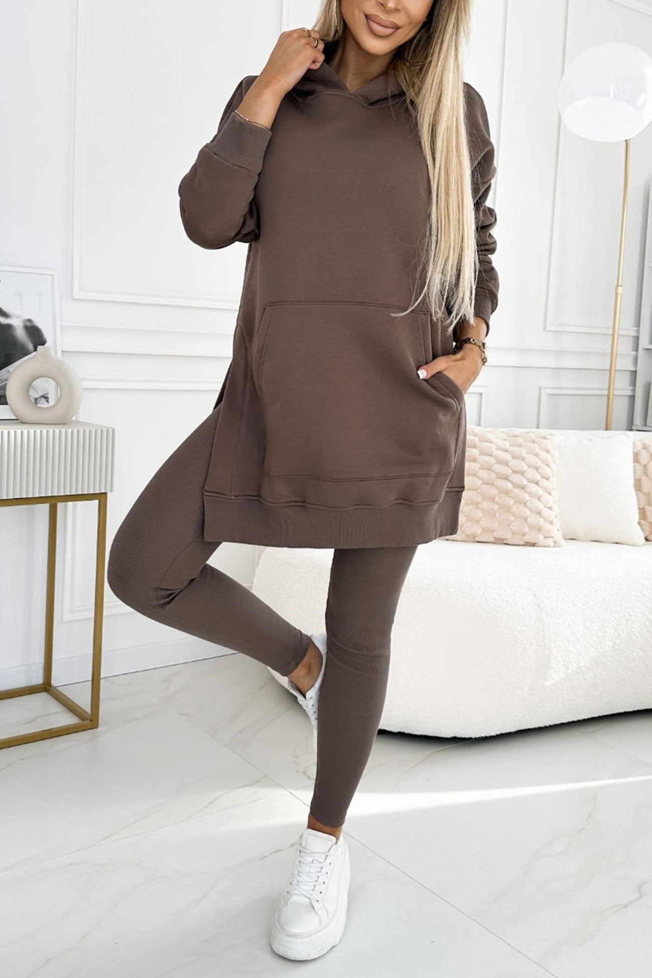 Women's mid-length slit hoodie sweatshirt and leggings set