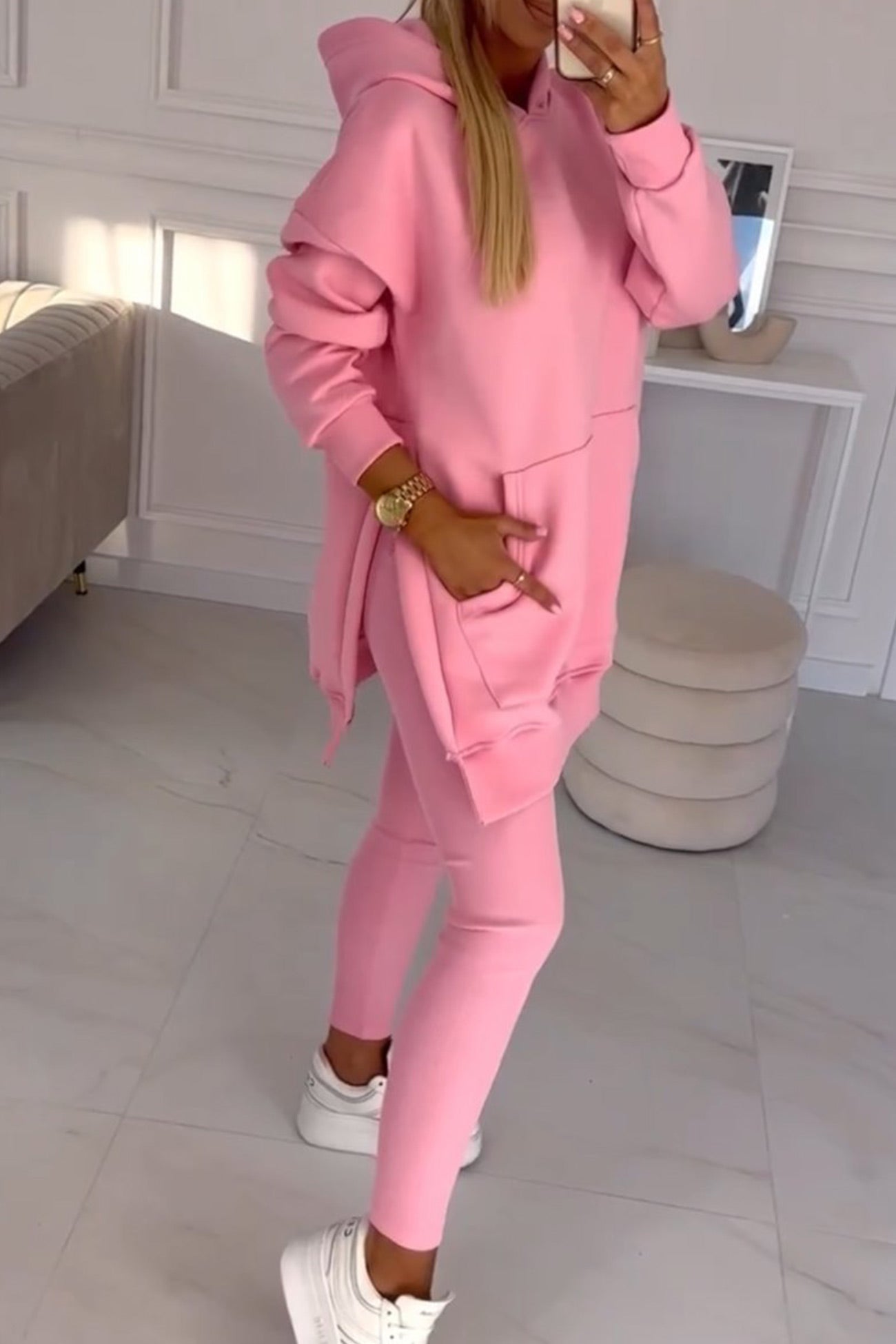 Women's mid-length slit hoodie sweatshirt and leggings set