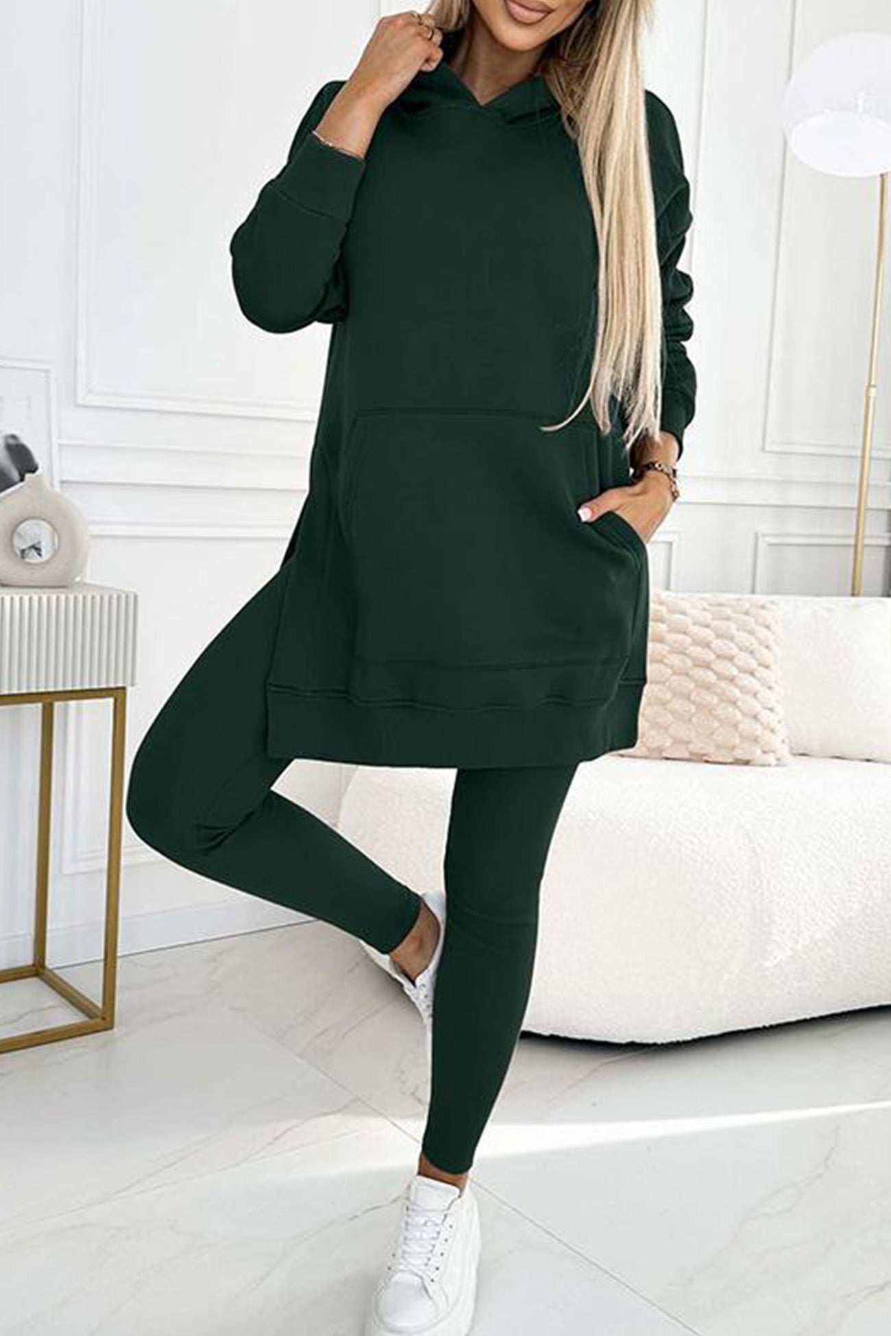 Women's mid-length slit hoodie sweatshirt and leggings set