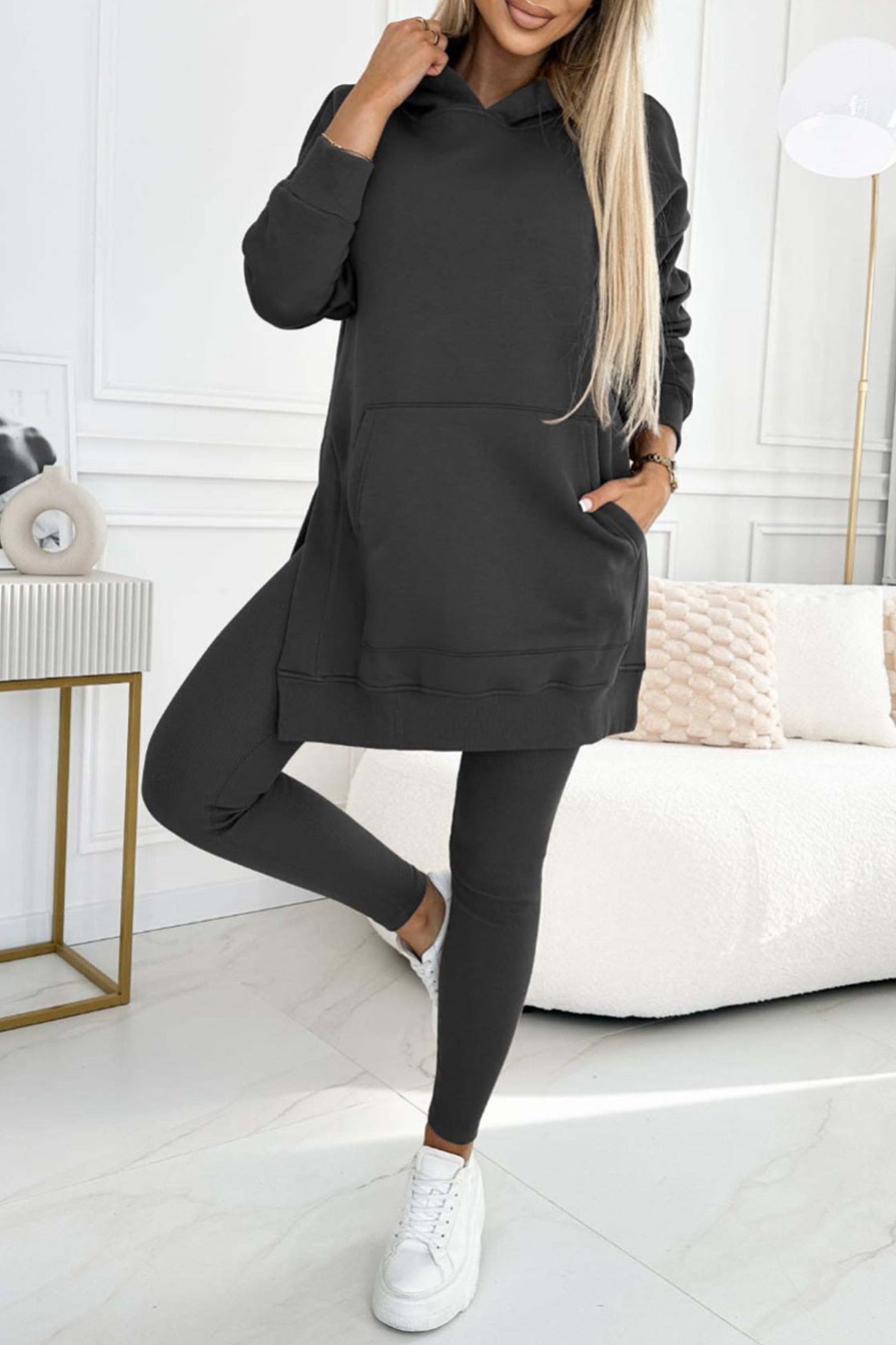 Women's mid-length slit hoodie sweatshirt and leggings set