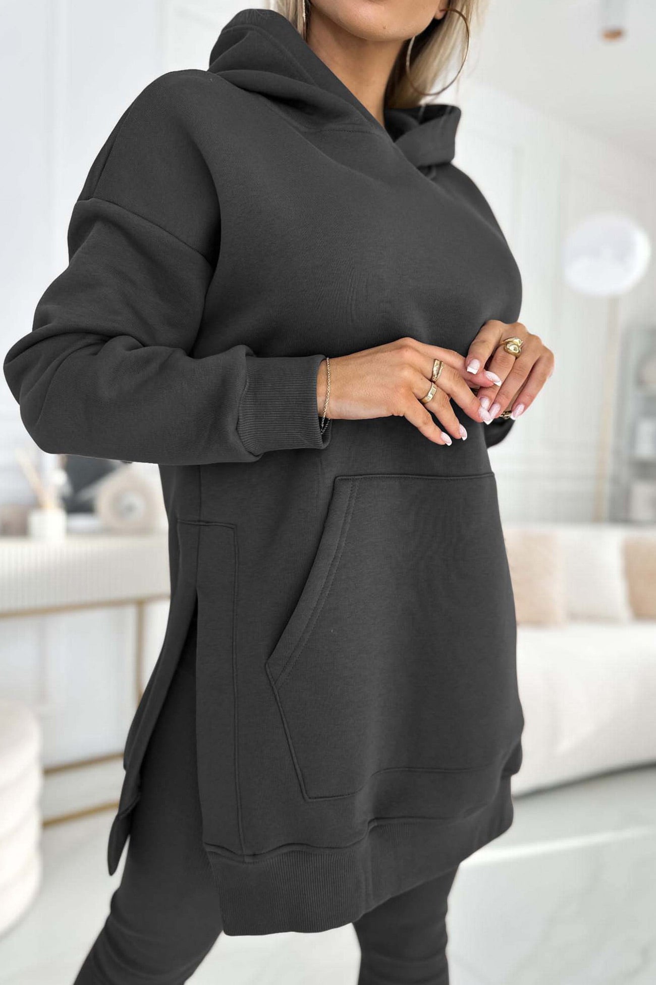 Women's mid-length slit hoodie sweatshirt and leggings set