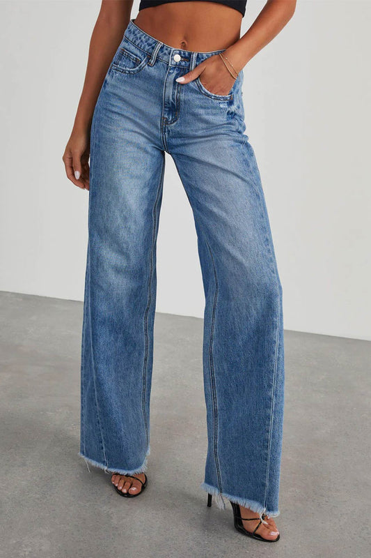 Frayed Hem Relaxed Wide-Leg Jeans