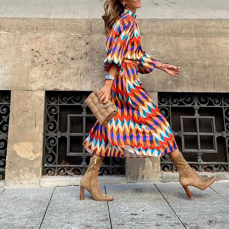Women's Long-Sleeve Dress - Geometric Chevron Pattern - High Neck - Belted Waist