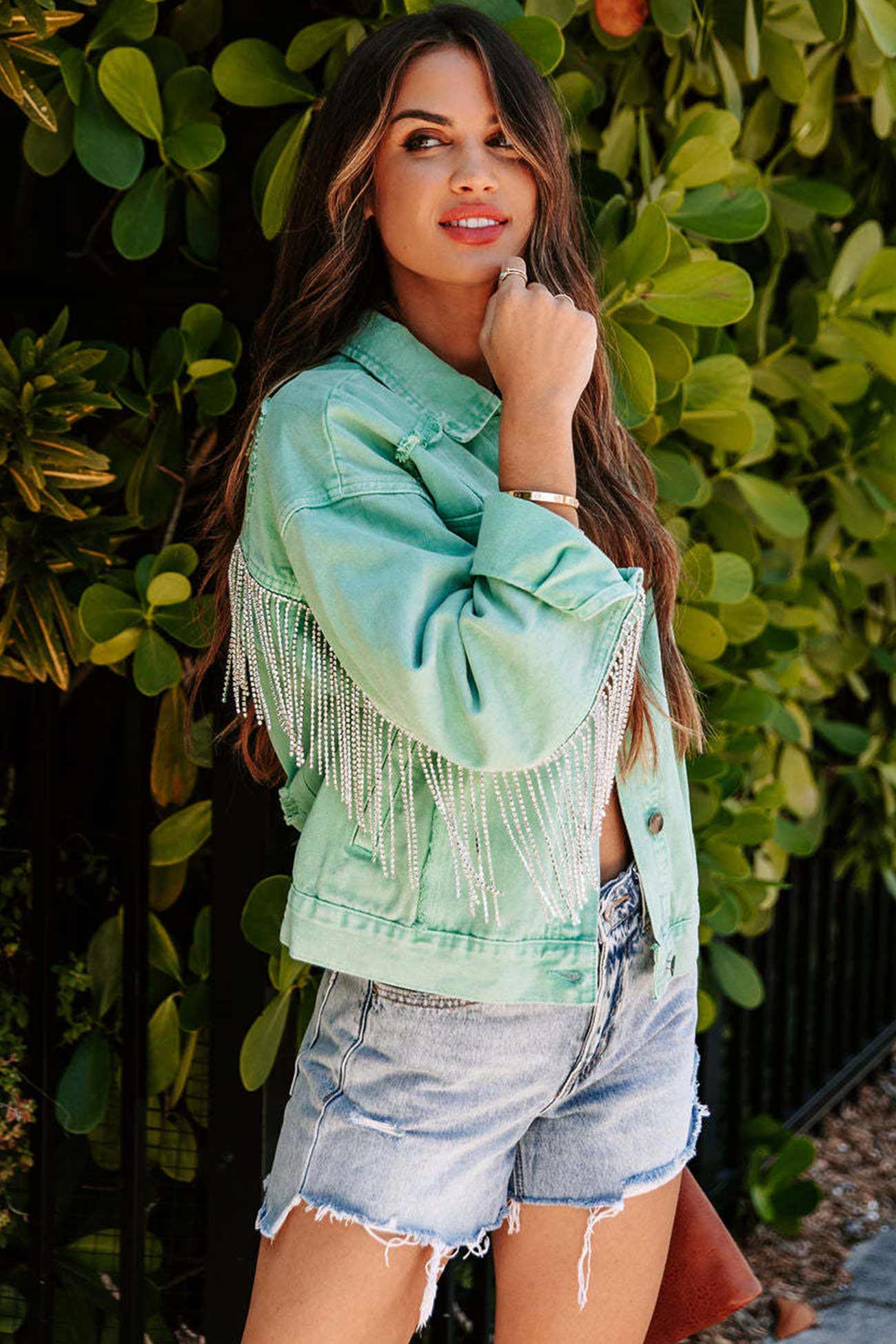 Women’s Denim Jacket - Cropped Fit - Button Front - Fringe Sleeve Detail - Casual Layer