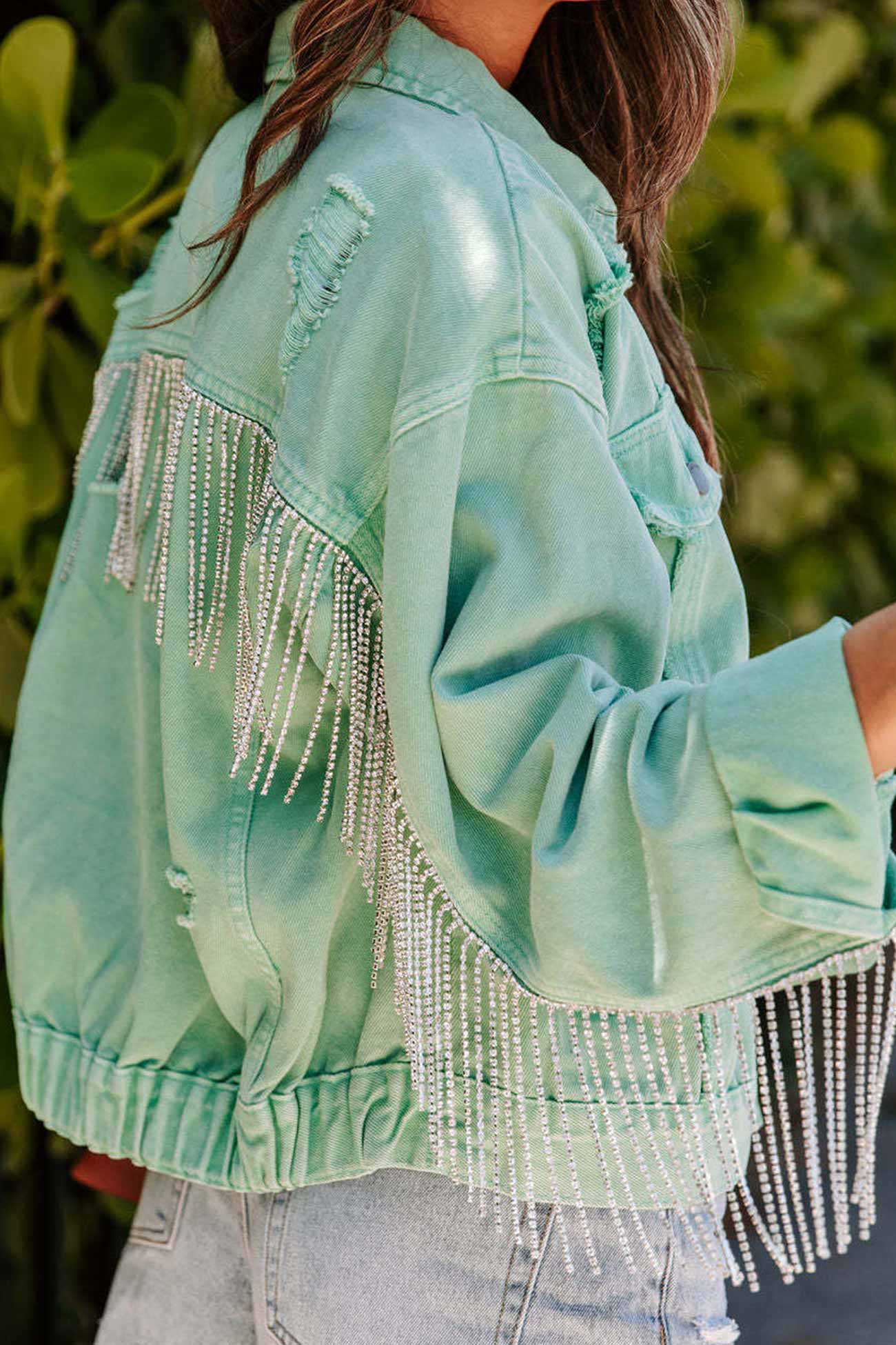 Women’s Denim Jacket - Cropped Fit - Button Front - Fringe Sleeve Detail - Casual Layer