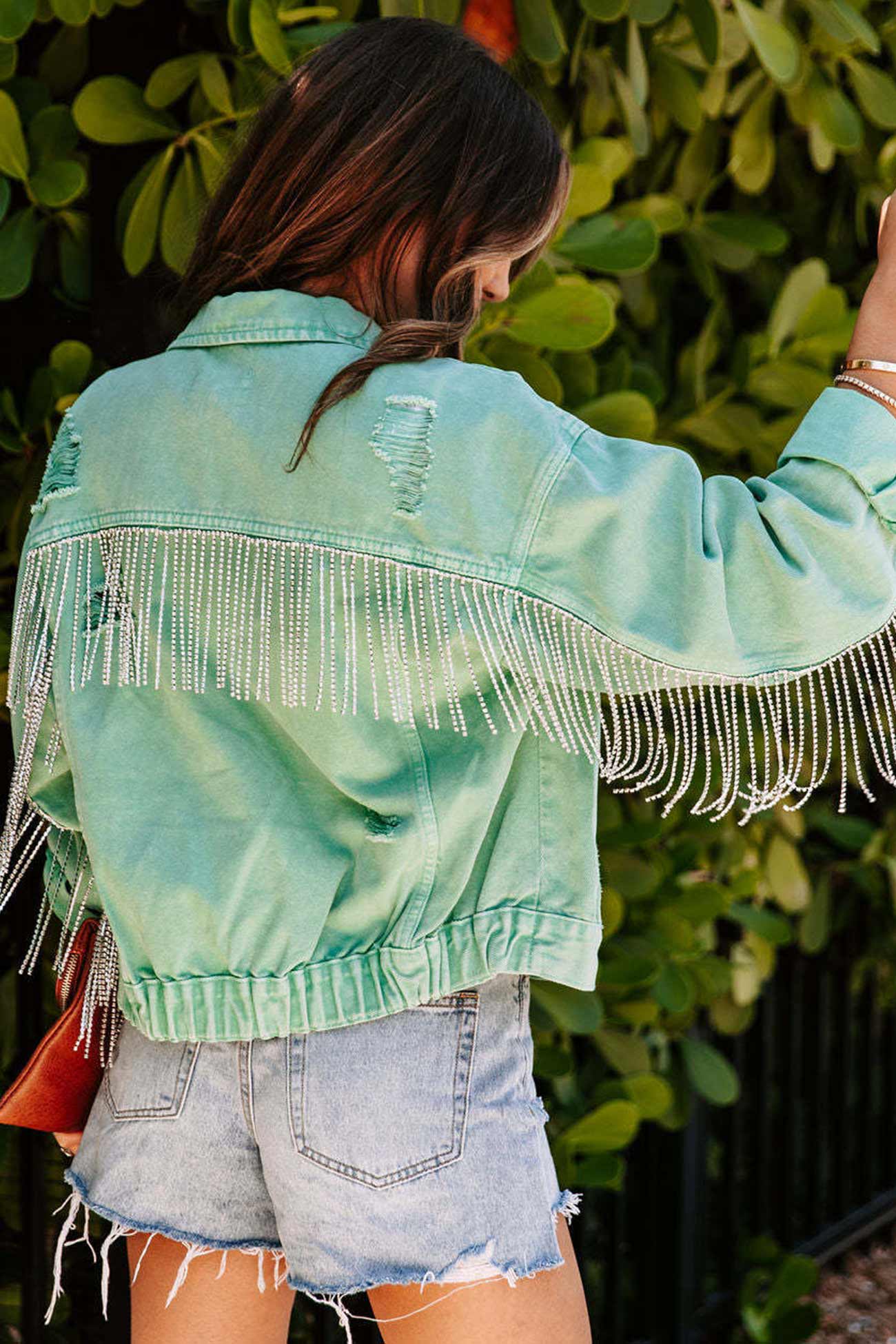Women’s Denim Jacket - Cropped Fit - Button Front - Fringe Sleeve Detail - Casual Layer