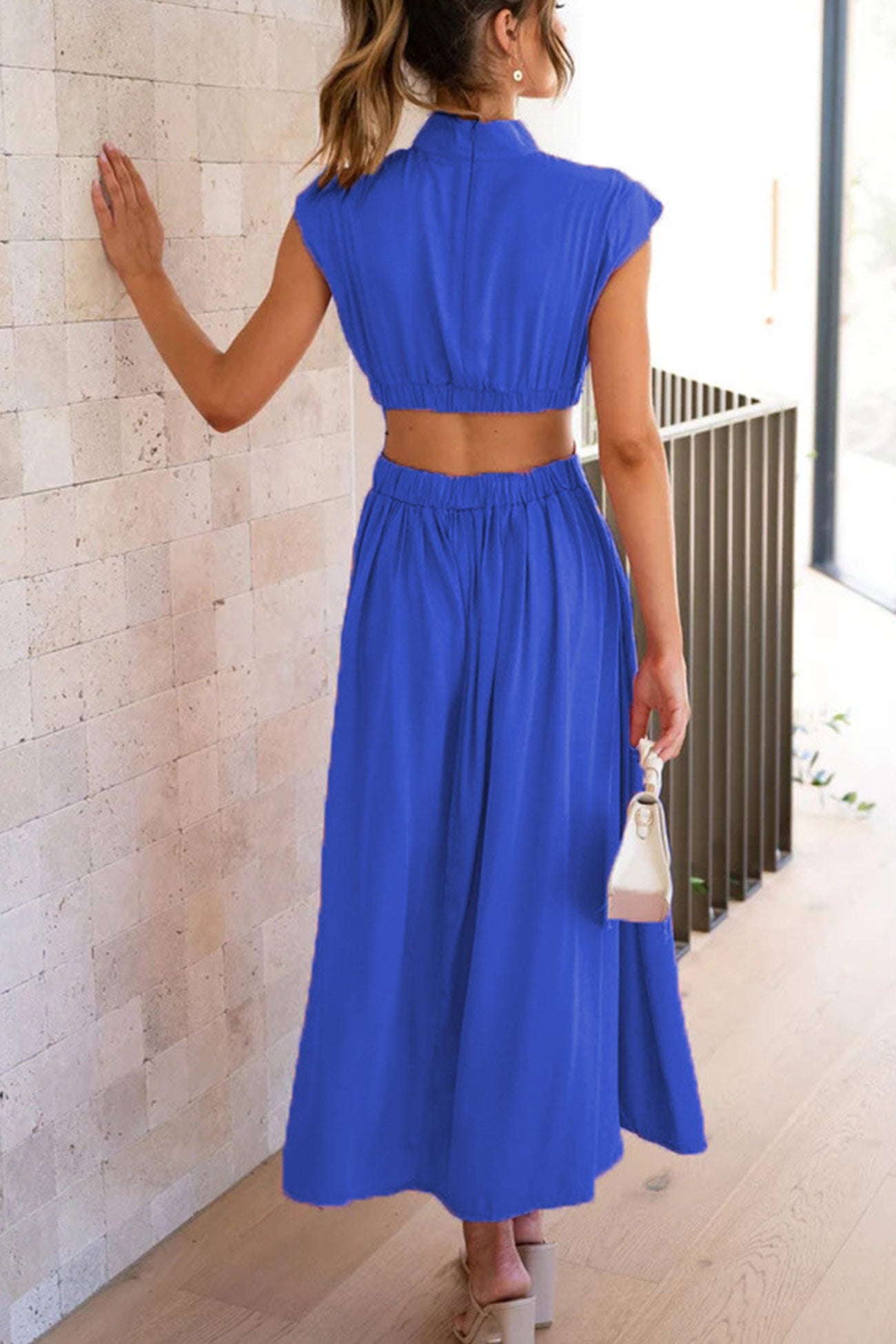 Women's Midi Dress – High Neck – Sleeveless – Fitted Waist – Cutout Detail – Flared Skirt