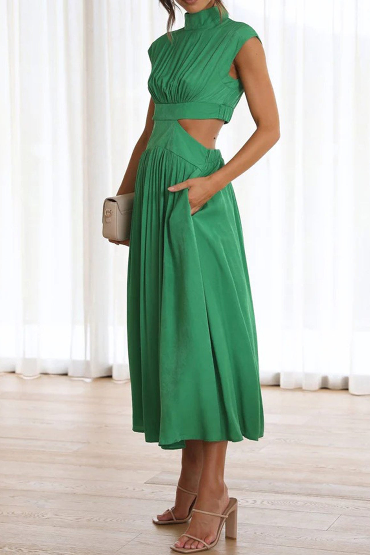 Women's Midi Dress – High Neck – Sleeveless – Fitted Waist – Cutout Detail – Flared Skirt