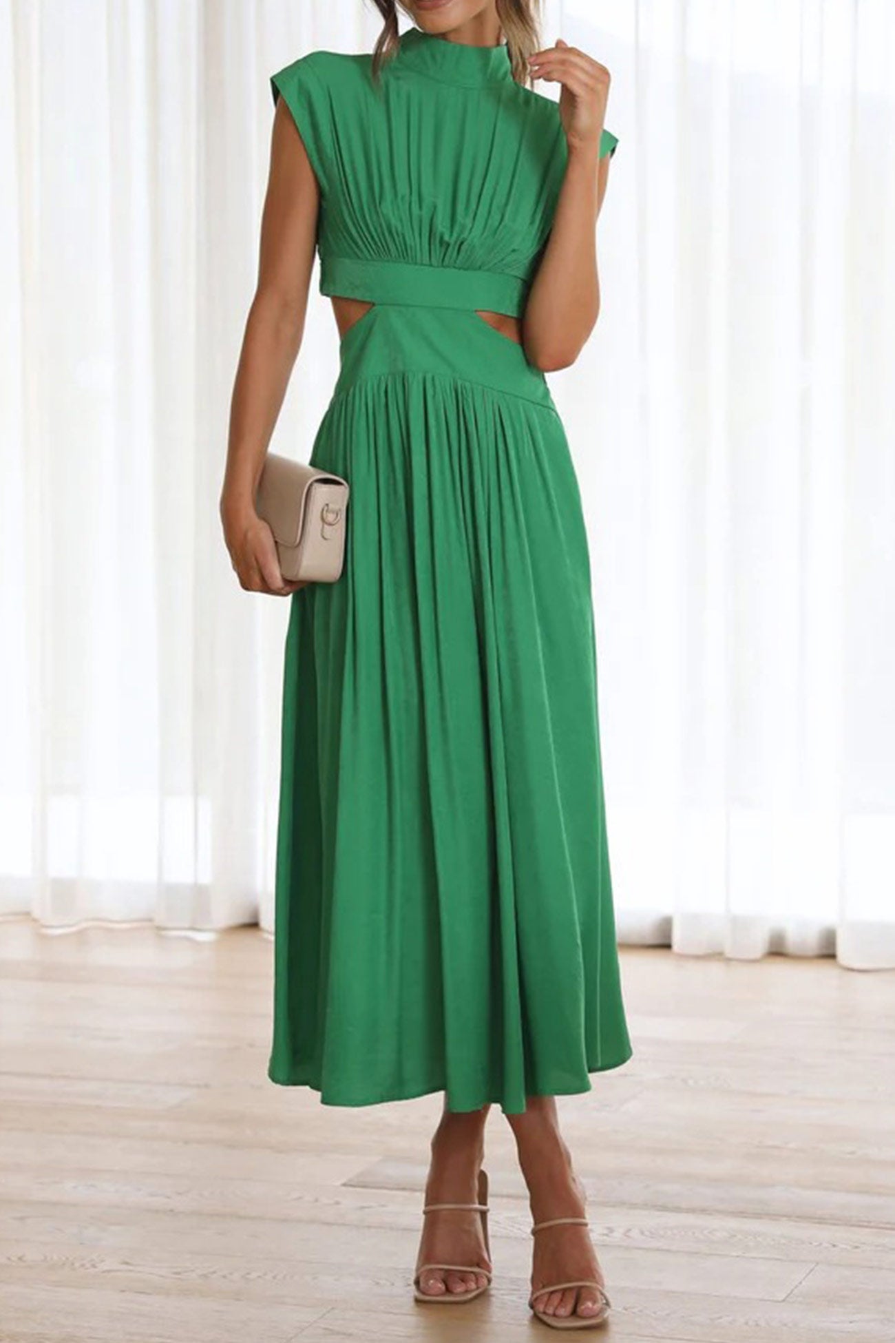 Women's Midi Dress – High Neck – Sleeveless – Fitted Waist – Cutout Detail – Flared Skirt