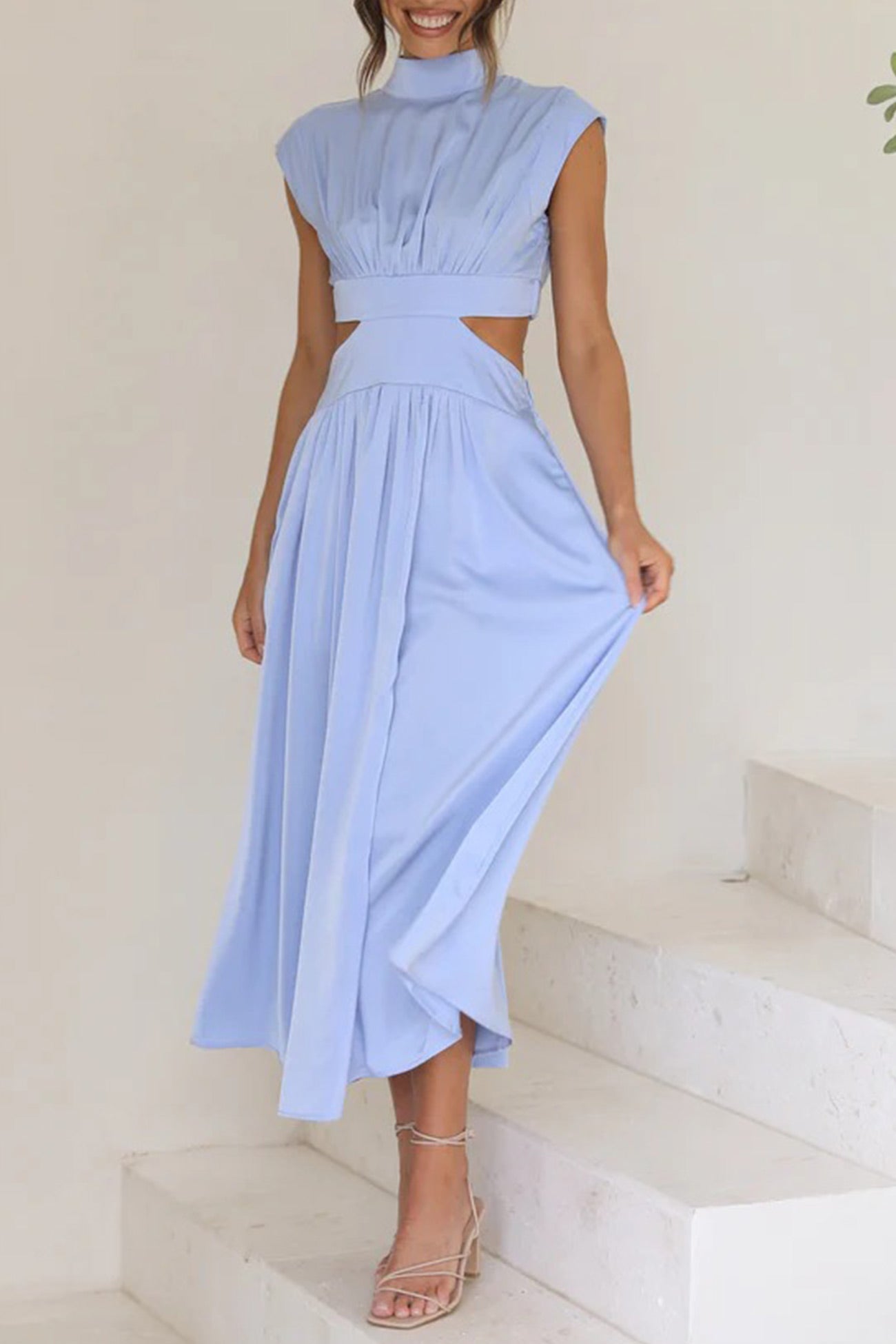Women's Midi Dress – High Neck – Sleeveless – Fitted Waist – Cutout Detail – Flared Skirt
