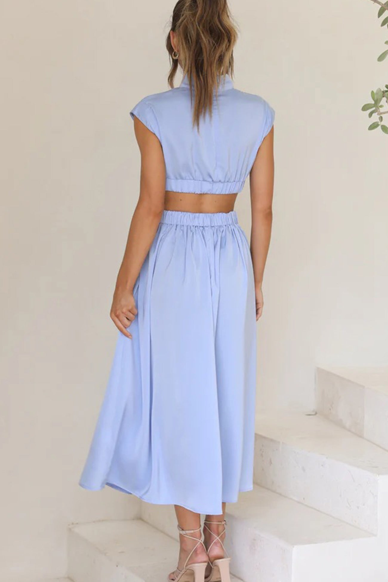 Women's Midi Dress – High Neck – Sleeveless – Fitted Waist – Cutout Detail – Flared Skirt