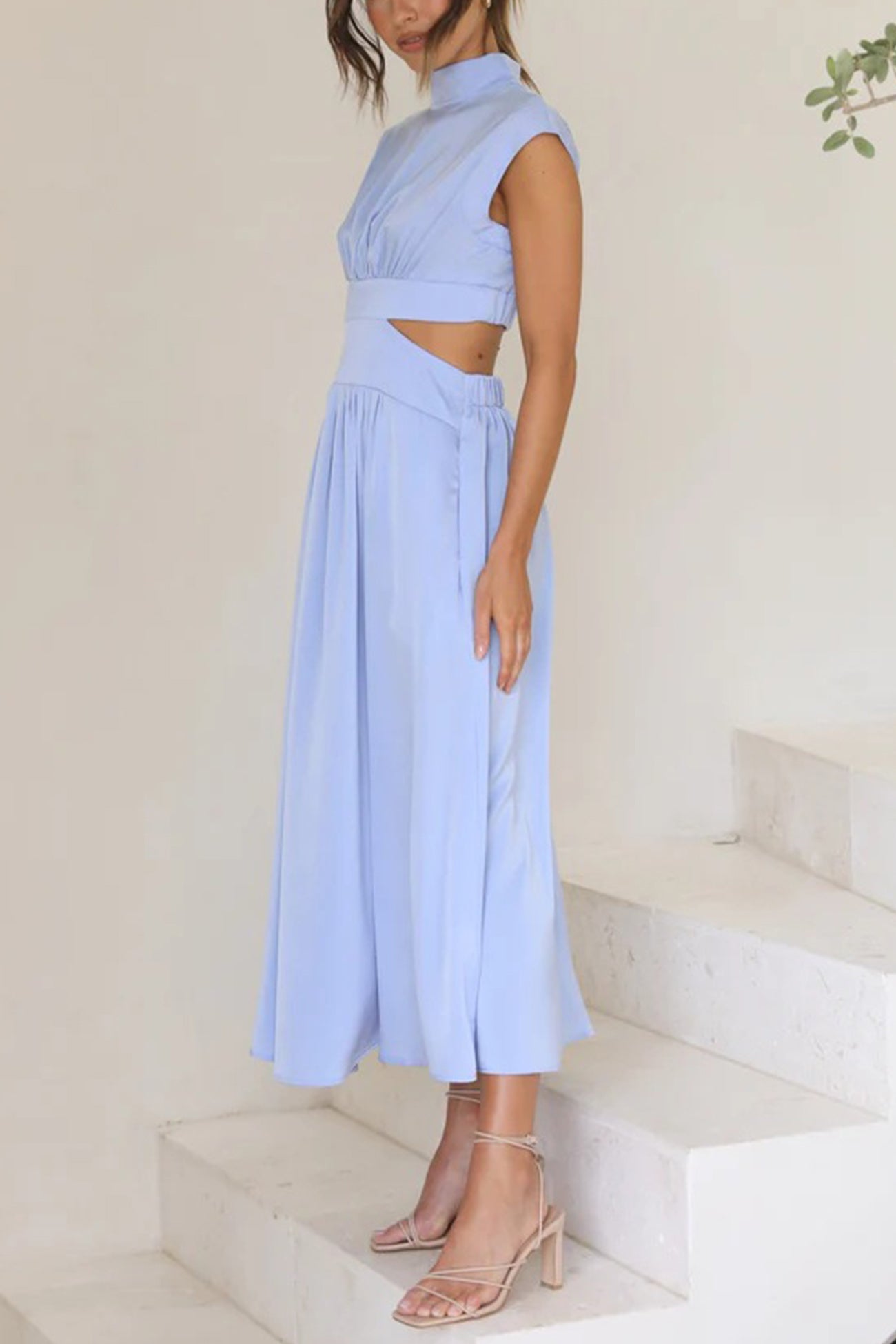 Women's Midi Dress – High Neck – Sleeveless – Fitted Waist – Cutout Detail – Flared Skirt