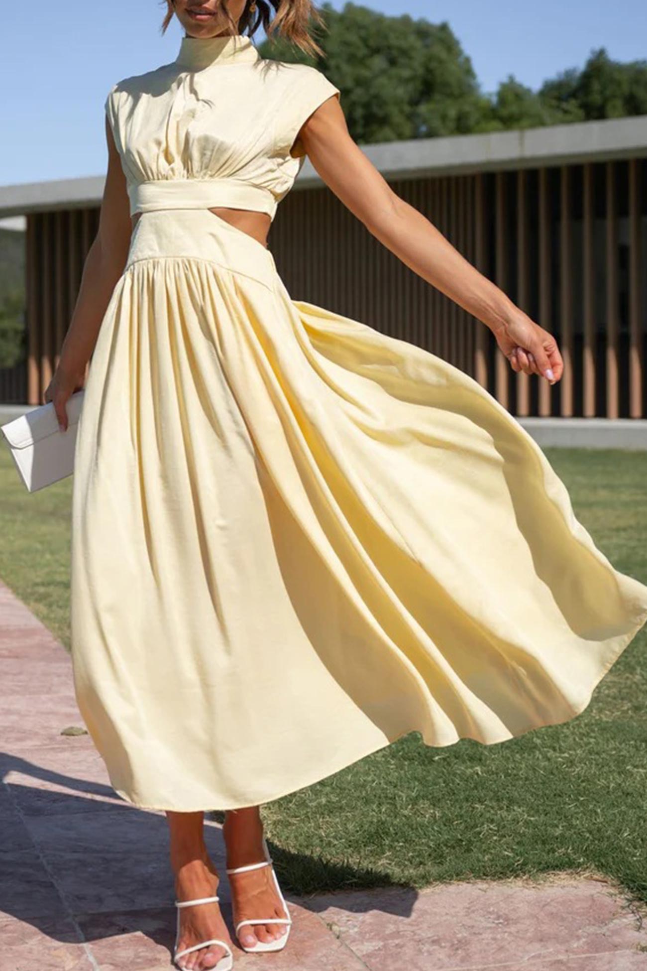 Women's Midi Dress – High Neck – Sleeveless – Fitted Waist – Cutout Detail – Flared Skirt
