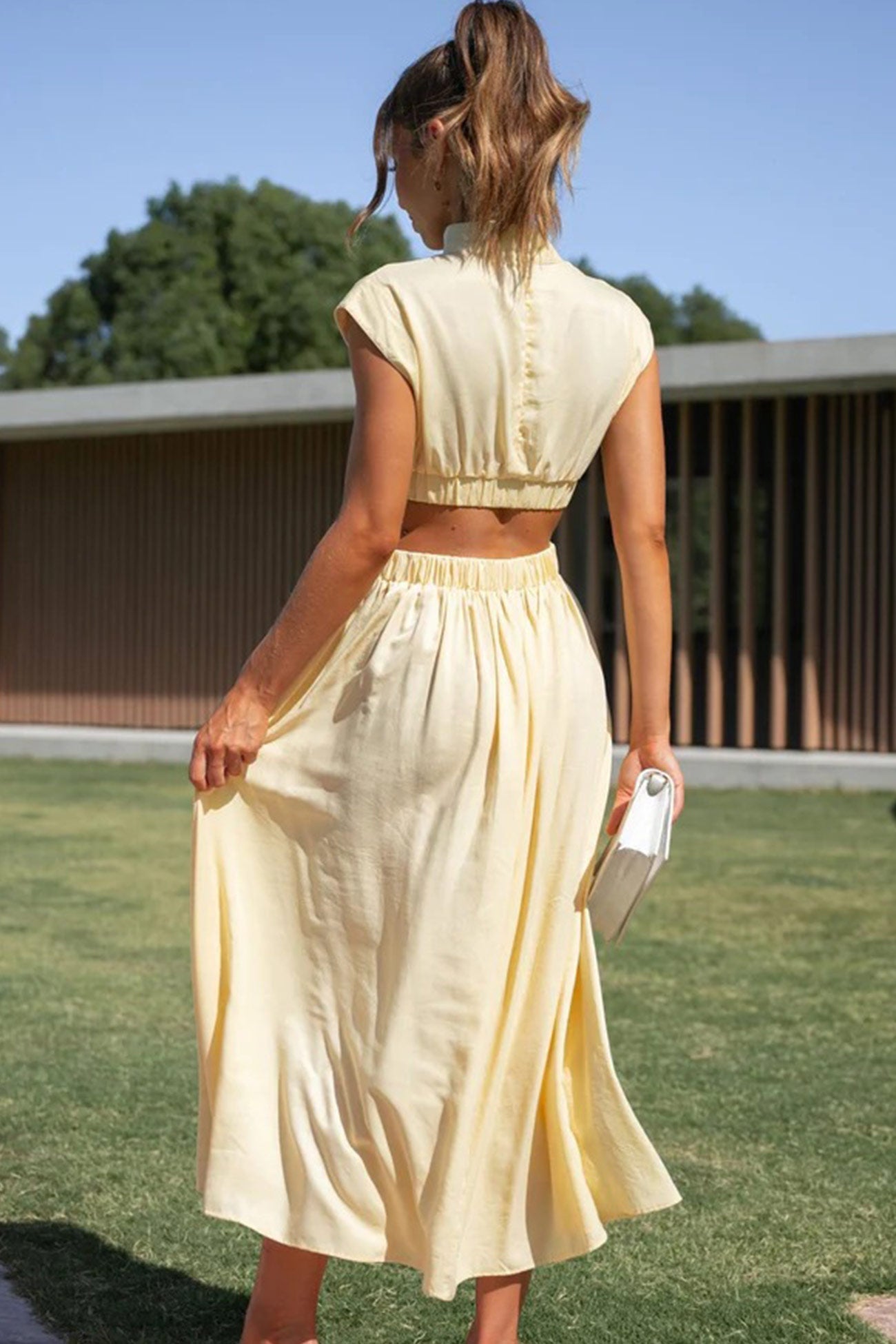 Women's Midi Dress – High Neck – Sleeveless – Fitted Waist – Cutout Detail – Flared Skirt