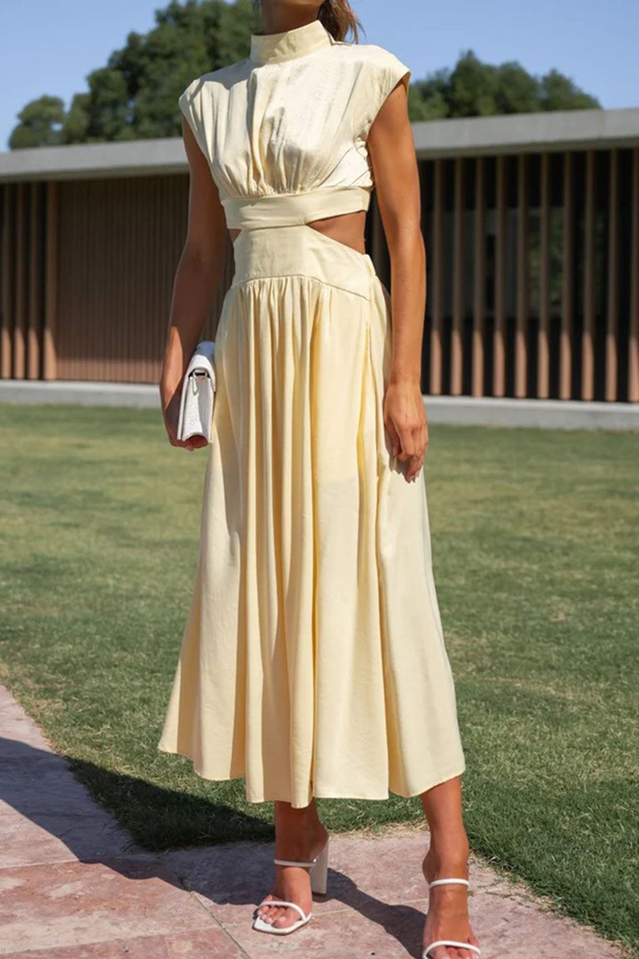Women's Midi Dress – High Neck – Sleeveless – Fitted Waist – Cutout Detail – Flared Skirt