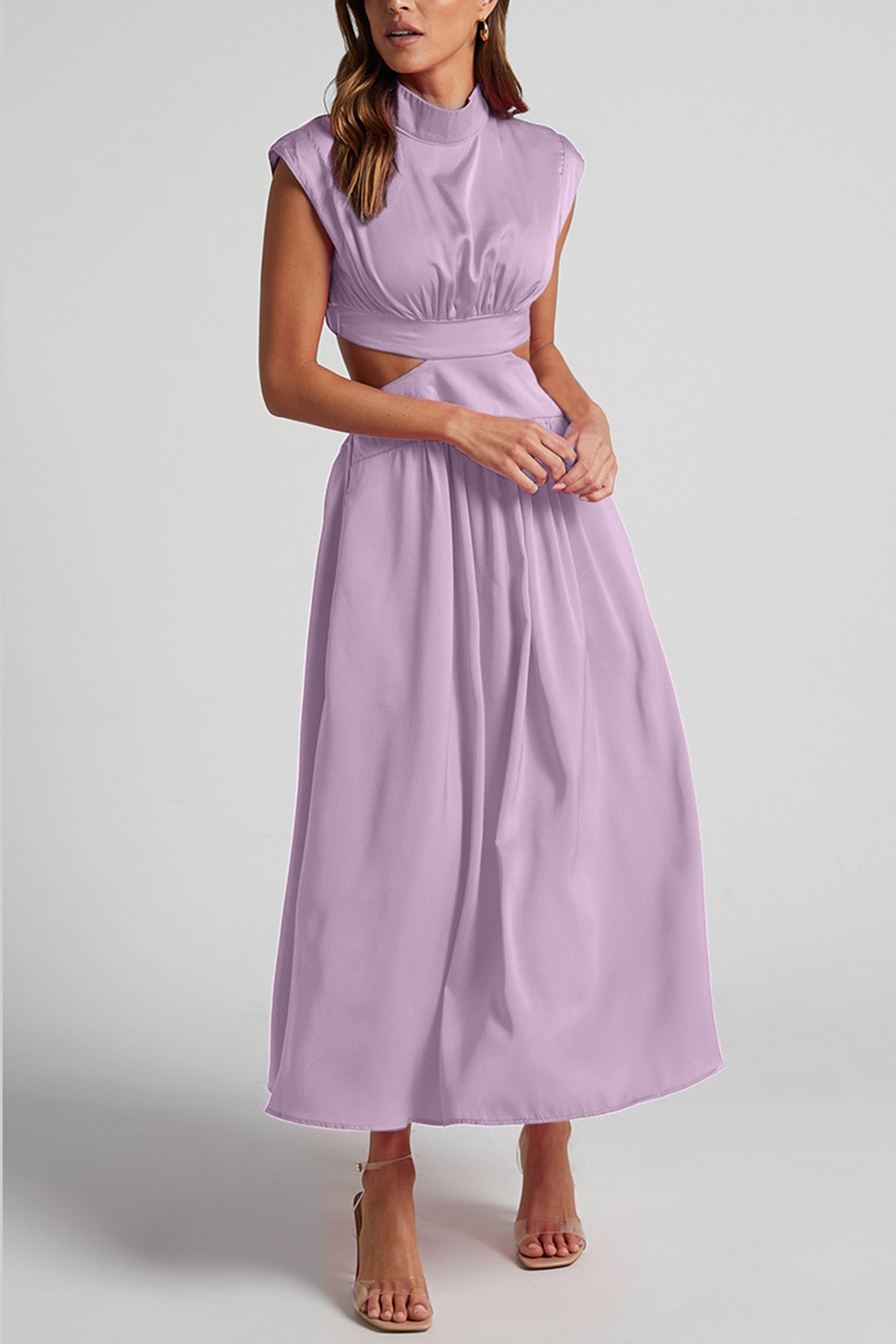 Women's Midi Dress – High Neck – Sleeveless – Fitted Waist – Cutout Detail – Flared Skirt