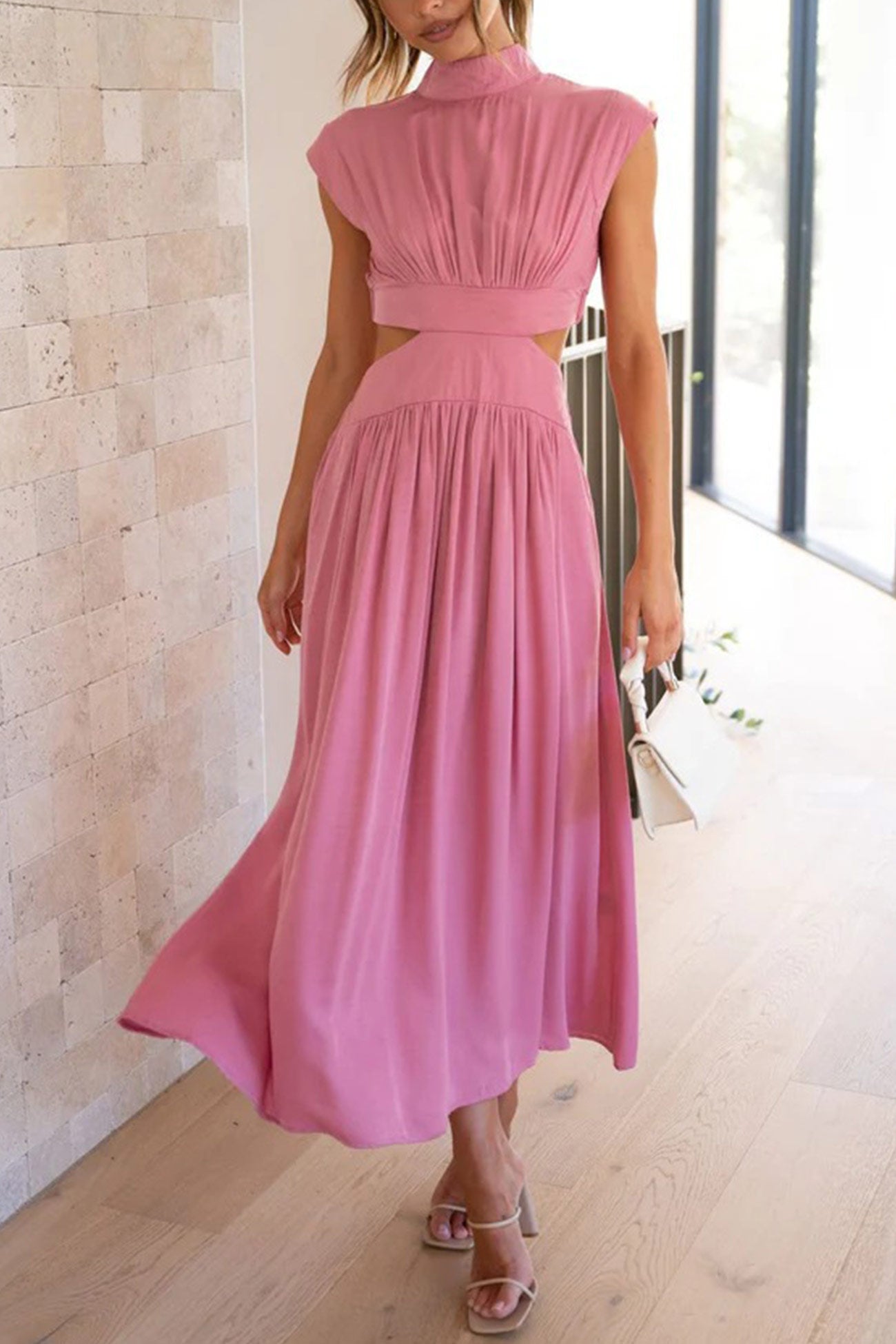 Women's Midi Dress – High Neck – Sleeveless – Fitted Waist – Cutout Detail – Flared Skirt