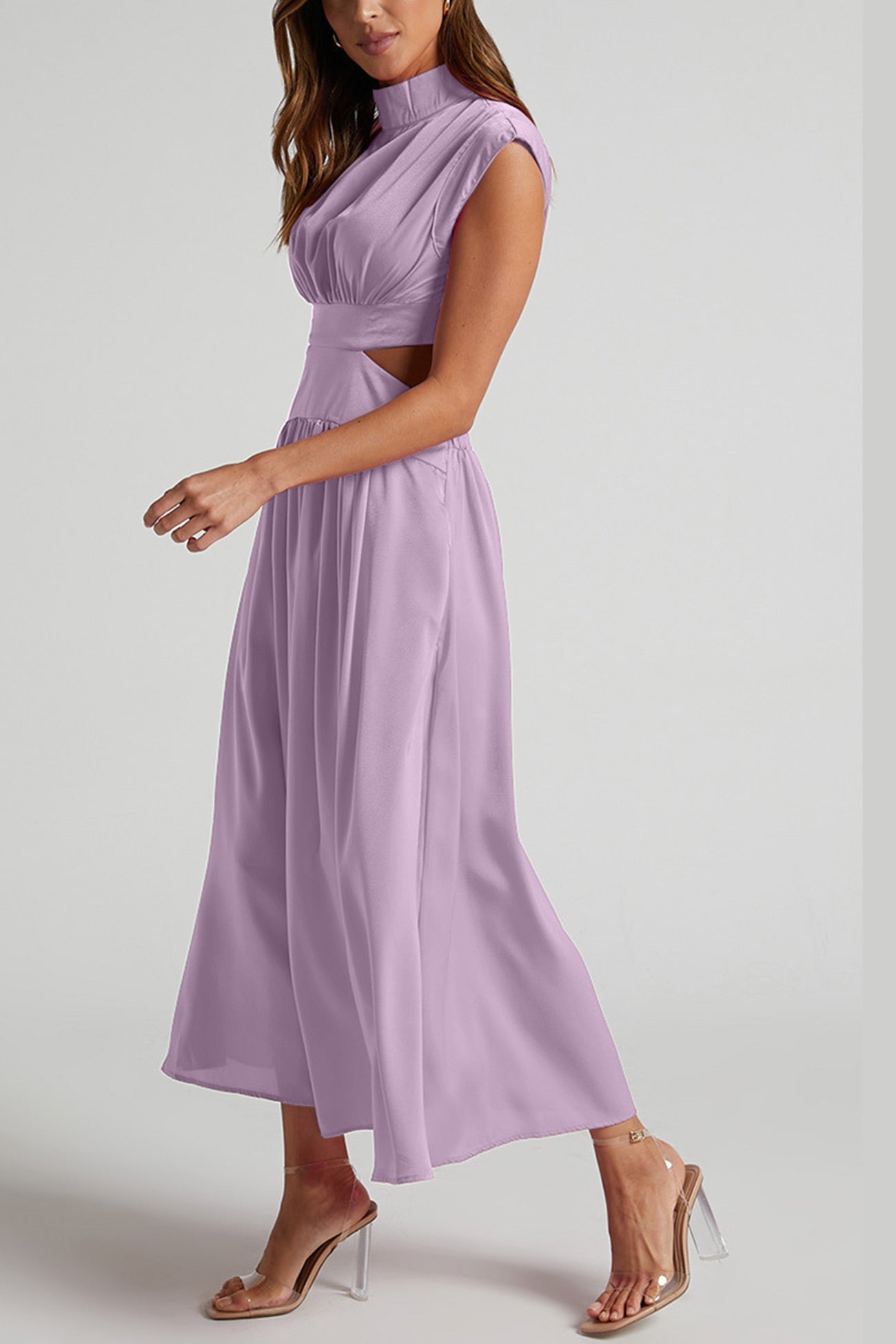 Women's Midi Dress – High Neck – Sleeveless – Fitted Waist – Cutout Detail – Flared Skirt