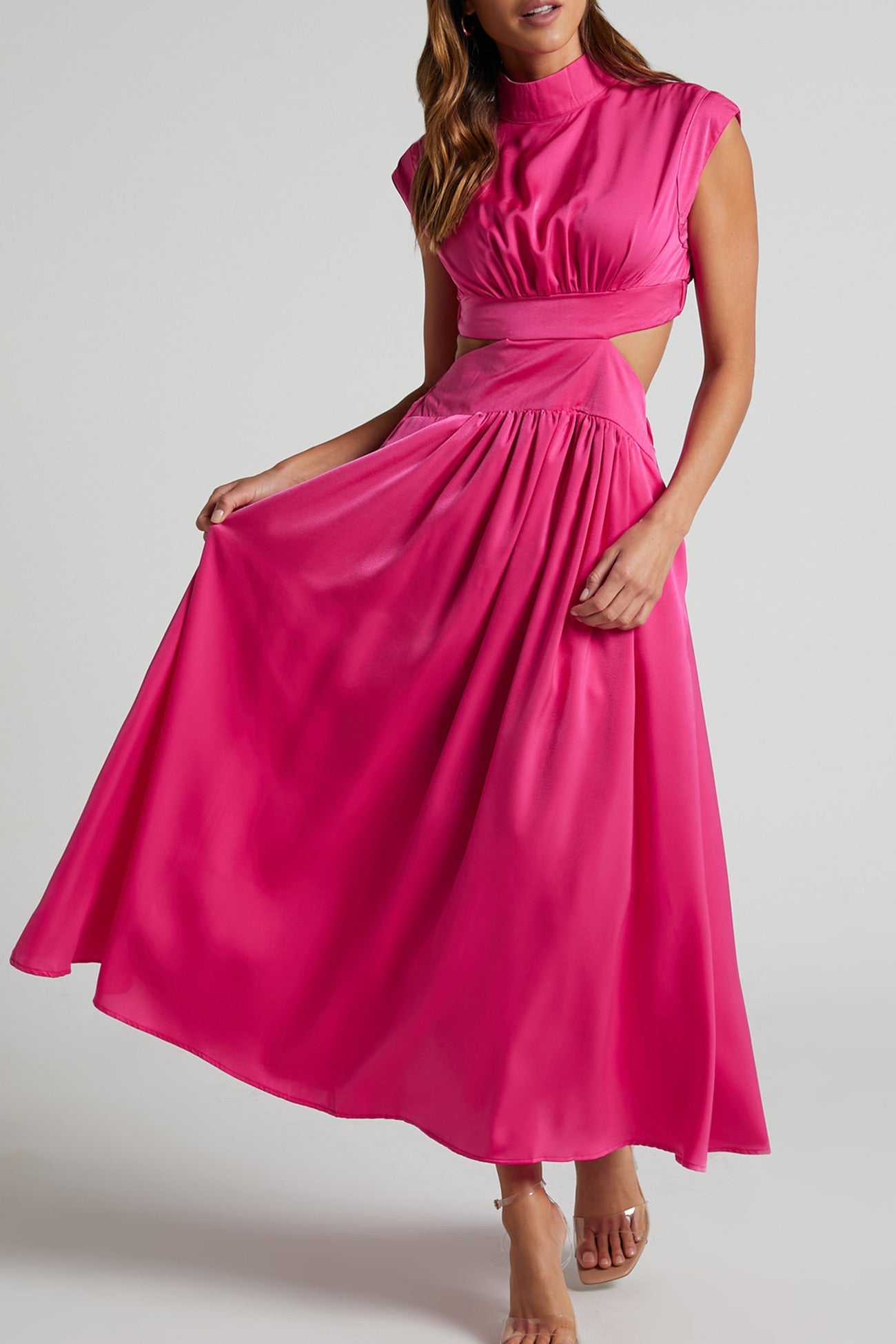 Women's Midi Dress – High Neck – Sleeveless – Fitted Waist – Cutout Detail – Flared Skirt