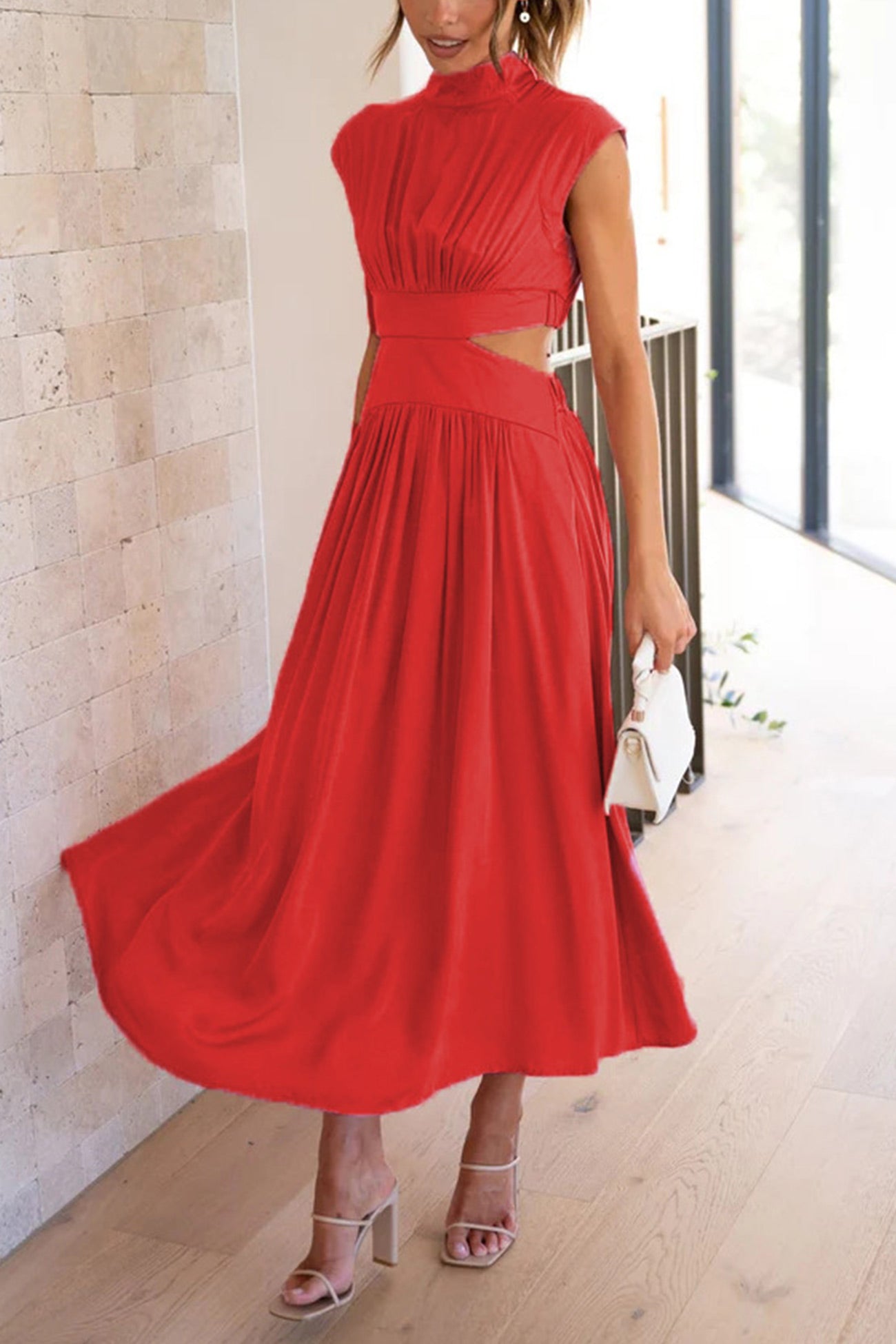 Women's Midi Dress – High Neck – Sleeveless – Fitted Waist – Cutout Detail – Flared Skirt