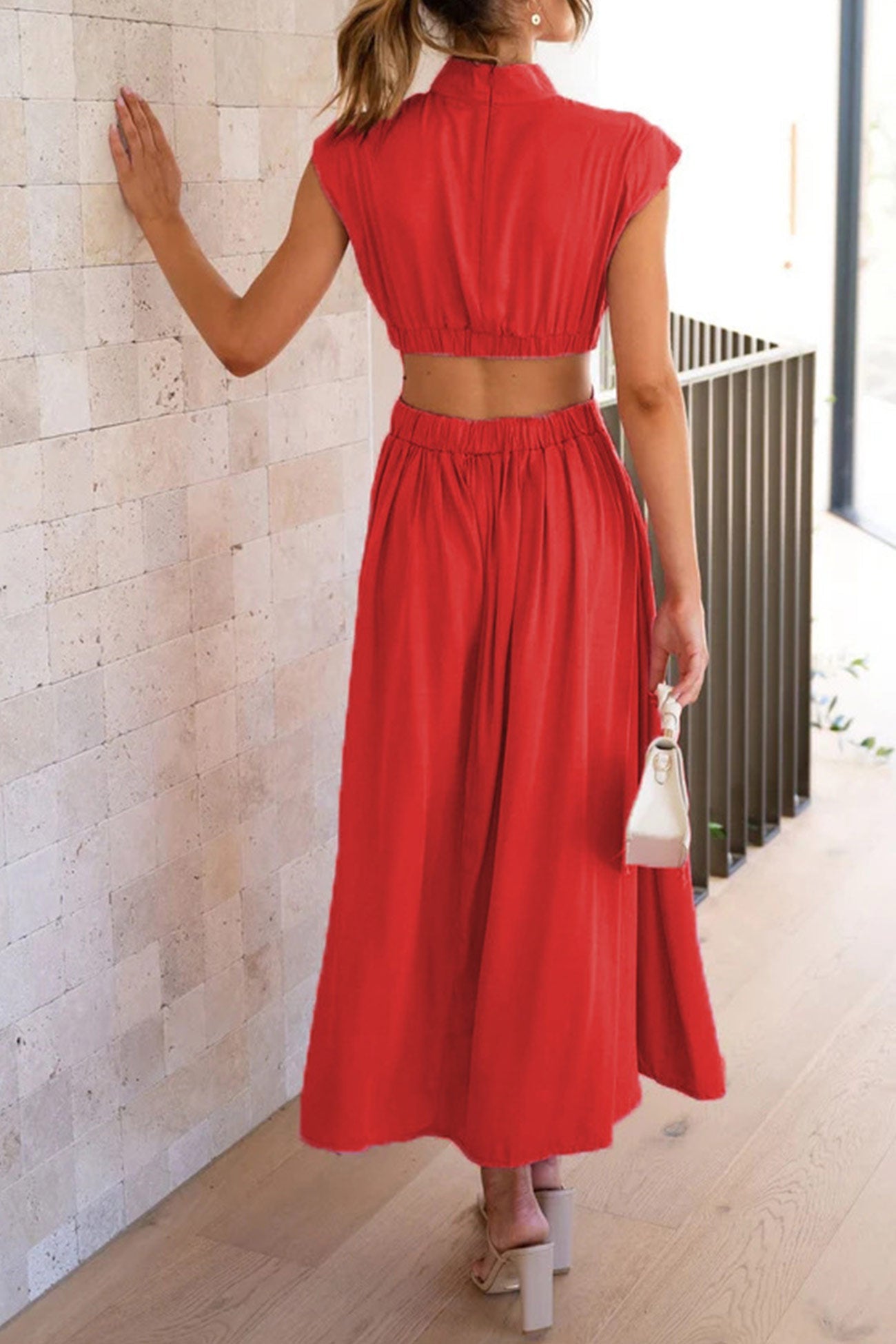 Women's Midi Dress – High Neck – Sleeveless – Fitted Waist – Cutout Detail – Flared Skirt