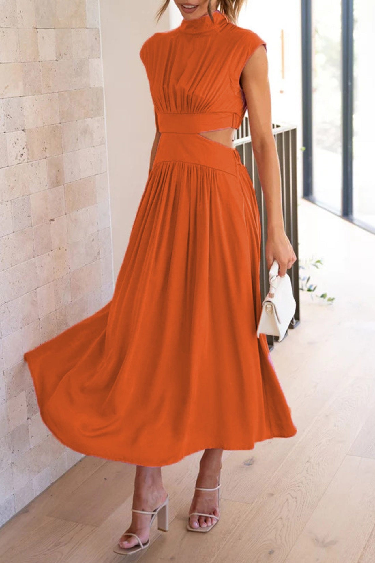 Women's Midi Dress – High Neck – Sleeveless – Fitted Waist – Cutout Detail – Flared Skirt