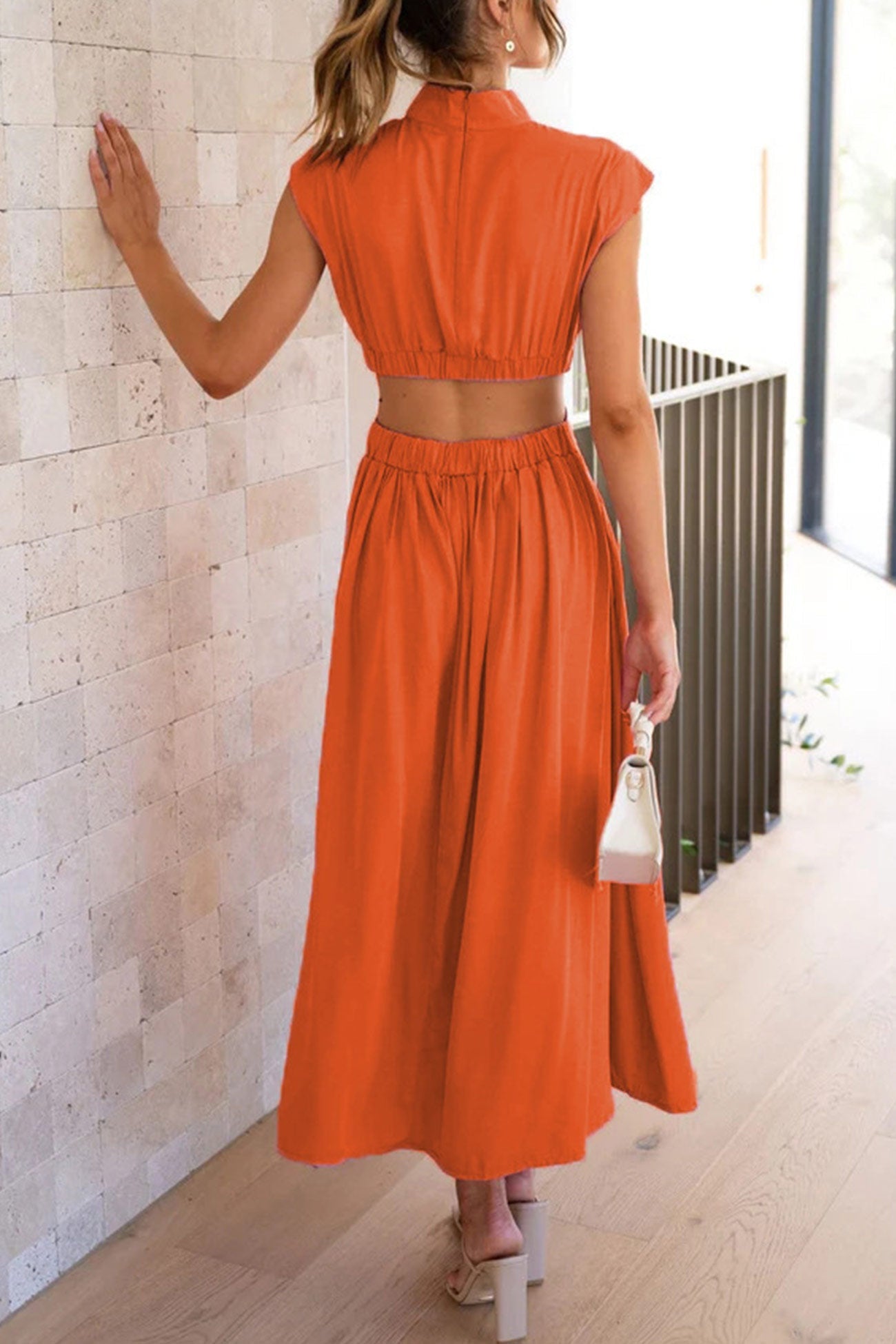Women's Midi Dress – High Neck – Sleeveless – Fitted Waist – Cutout Detail – Flared Skirt