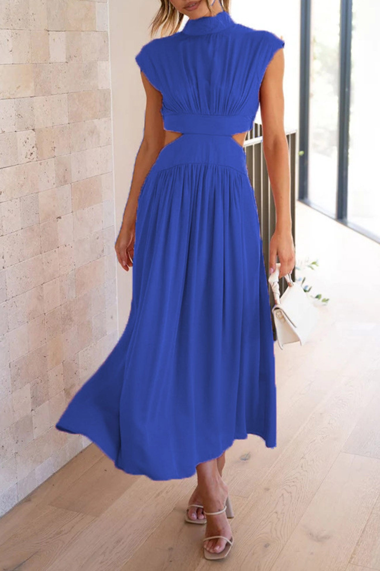 Women's Midi Dress – High Neck – Sleeveless – Fitted Waist – Cutout Detail – Flared Skirt
