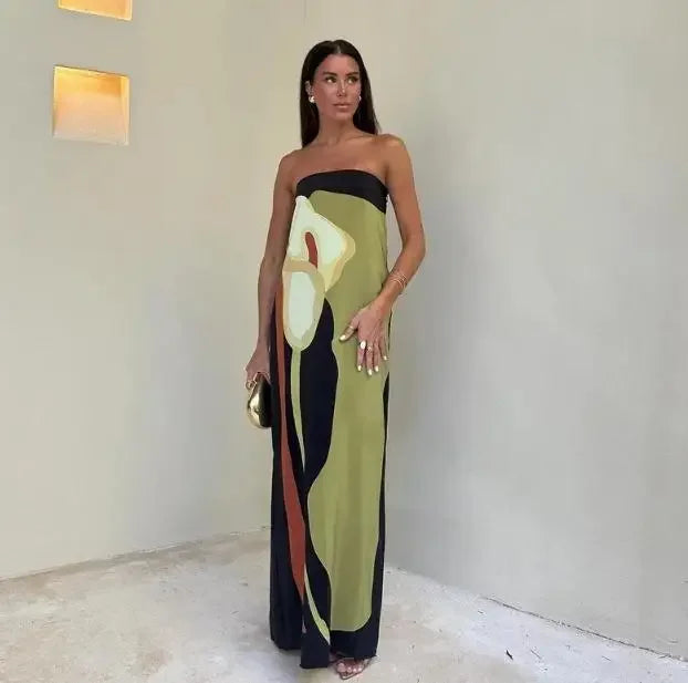 Women's Strapless Floral Maxi Dress Elegant Sleeveless Backless Patchwork