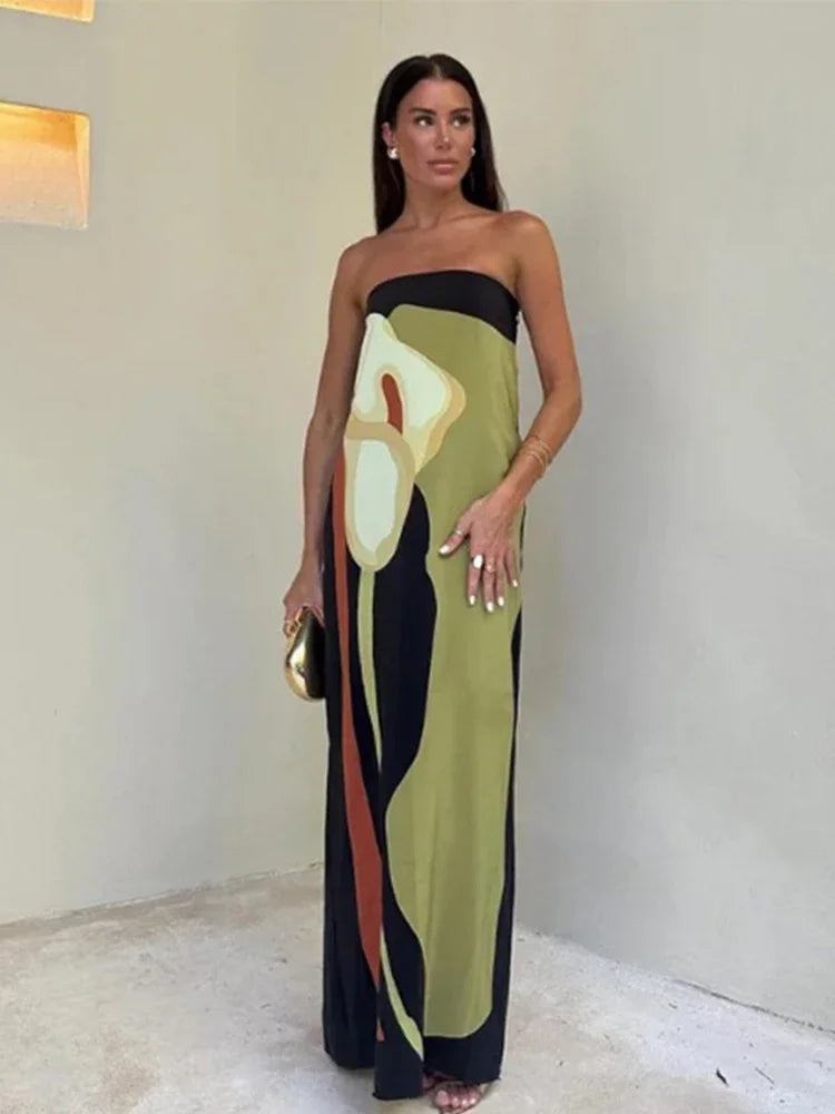 Women's Strapless Floral Maxi Dress Elegant Sleeveless Backless Patchwork