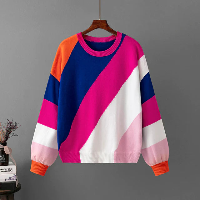 Women's striped stitching round neck sweater