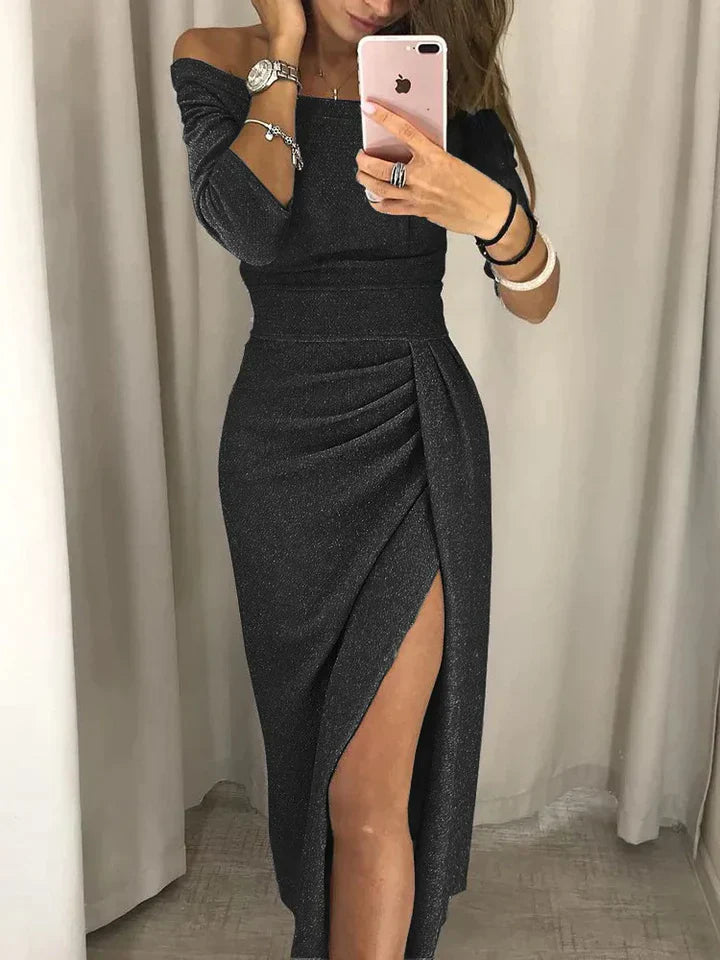Women's Off-Shoulder Dress - Fitted Bodice - High Slit - Elegant Evening Wear