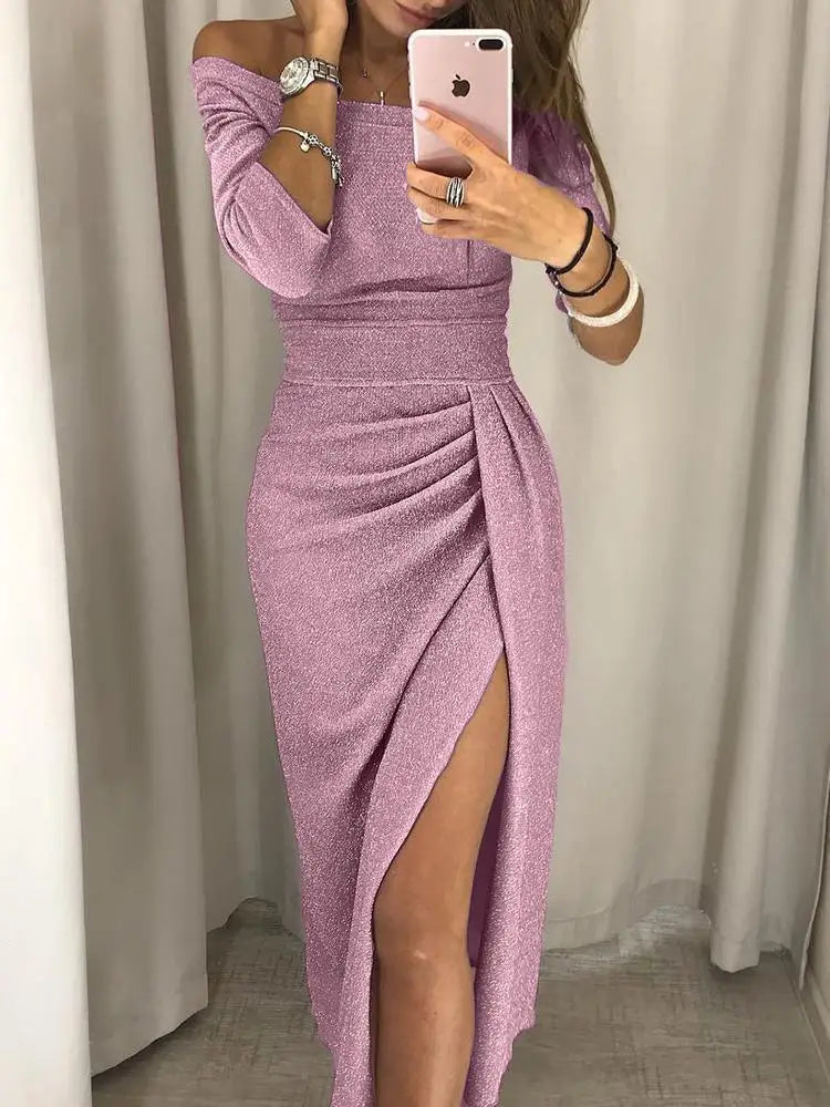 Women's Off-Shoulder Dress - Fitted Bodice - High Slit - Elegant Evening Wear