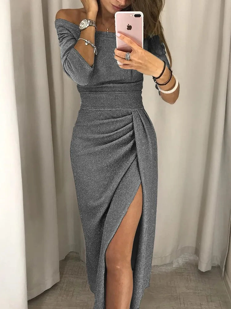 Women's Off-Shoulder Dress - Fitted Bodice - High Slit - Elegant Evening Wear