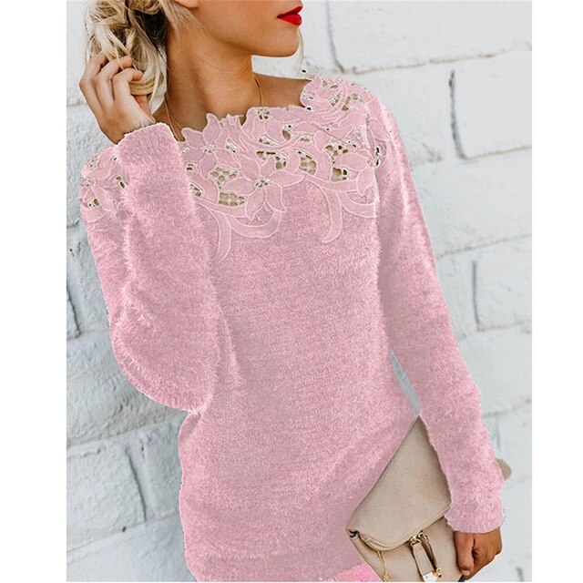 Fuzzy Knit Lace Overlay Sweater