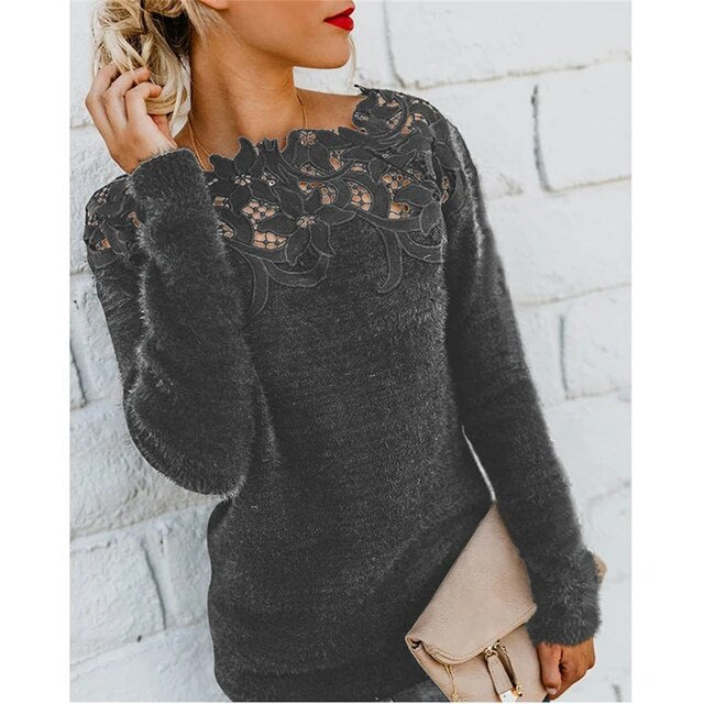 Fuzzy Knit Lace Overlay Sweater