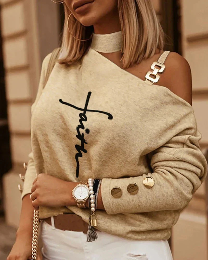 Women's chain decor off shoulder long sleeve top