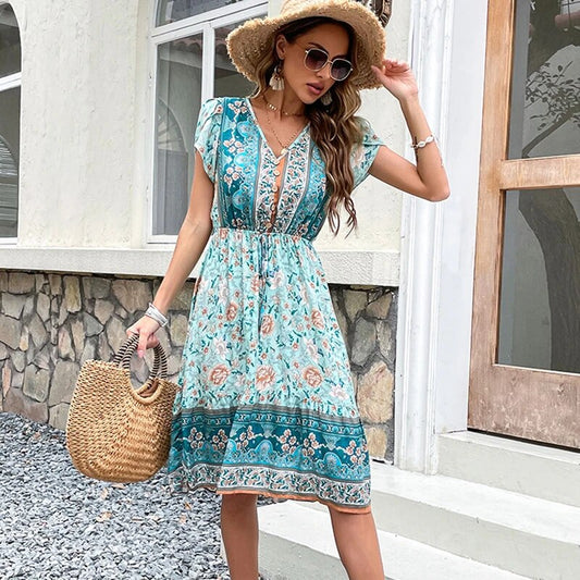 Floral Paisley Print Flowy Bohemian Dress