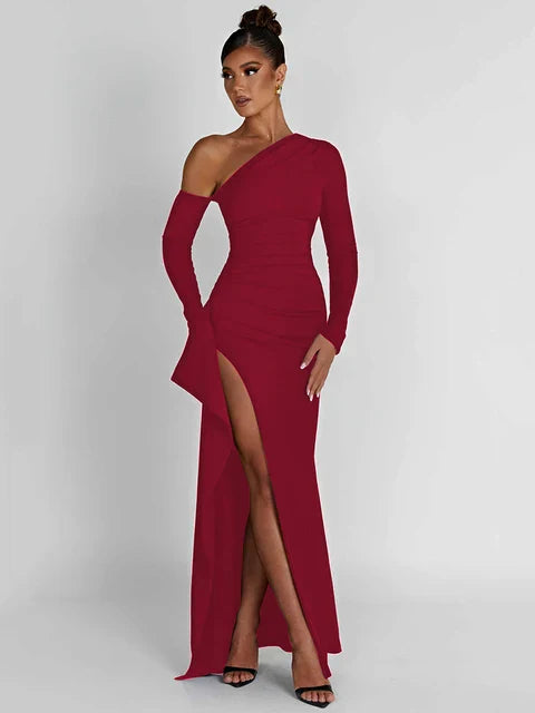 Women's Evening Gown - One Shoulder - Asymmetric Neckline - High Slit - Floor Length