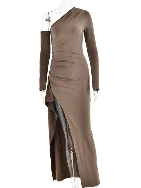 Women's Evening Gown - One Shoulder - Asymmetric Neckline - High Slit - Floor Length