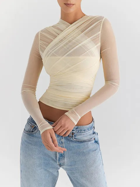 Waist-baring long-sleeve micro-transparent wrap top for women