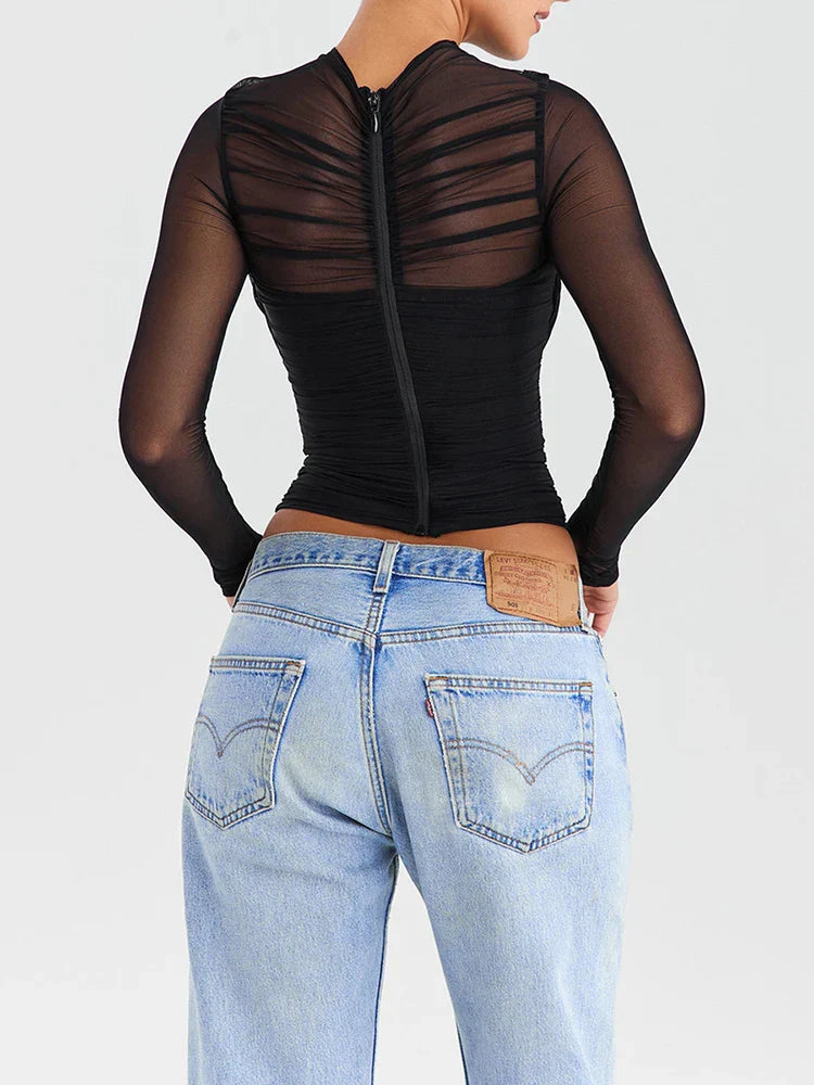 Waist-baring long-sleeve micro-transparent wrap top for women