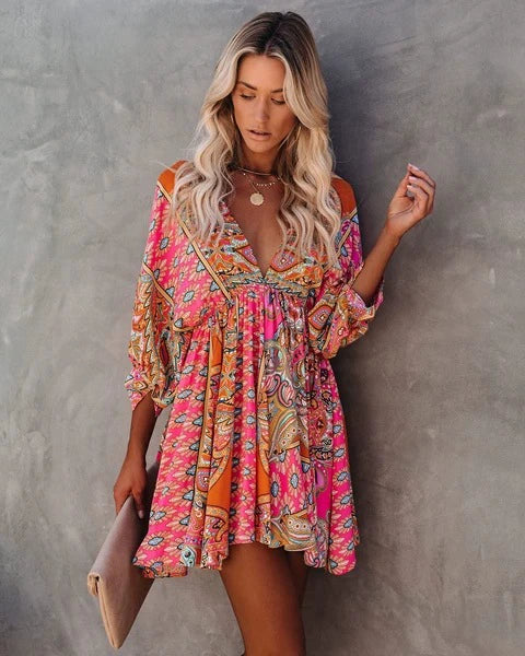Women's Boho Dress - V-Neck - Flowy Loose Fit - Mid-Length Puff Sleeves - Paisley Pattern