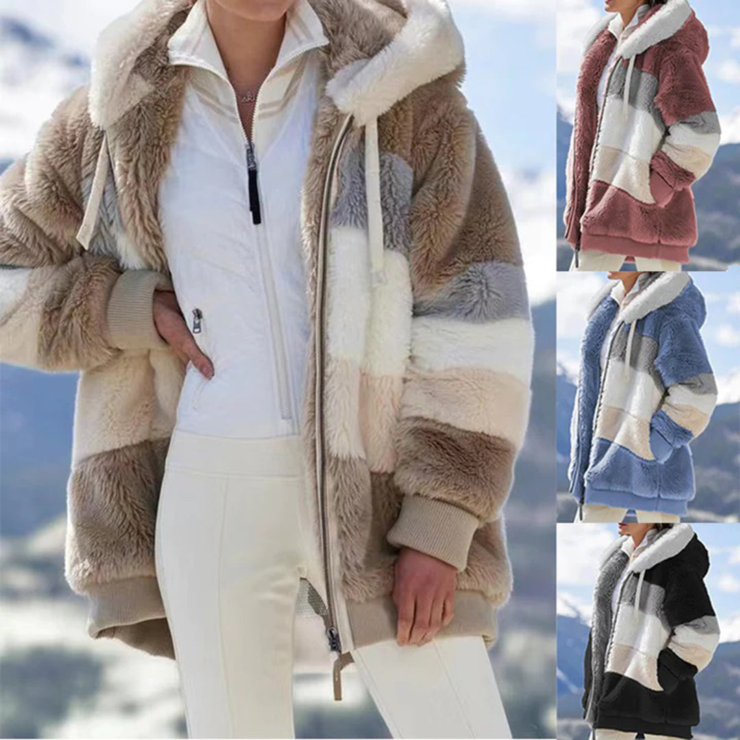 Plush hooded zipper jacket for women
