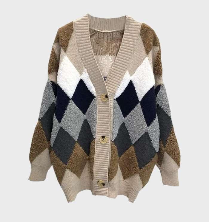 Women’s Oversized Cardigan - Argyle Knit - Button Front - Relaxed Fit - Long Sleeve