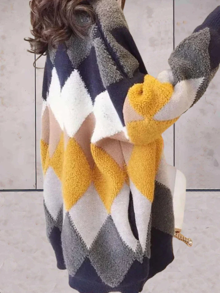 Women’s Oversized Cardigan - Argyle Knit - Button Front - Relaxed Fit - Long Sleeve
