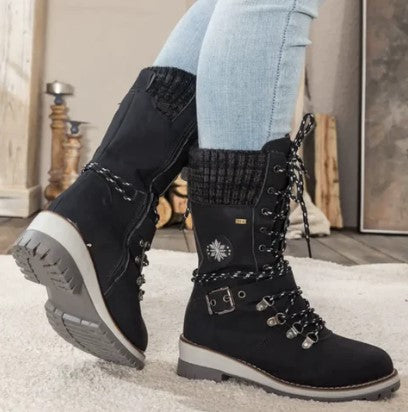 Women's mid-calf knitted boots with laces zipper and buckles
